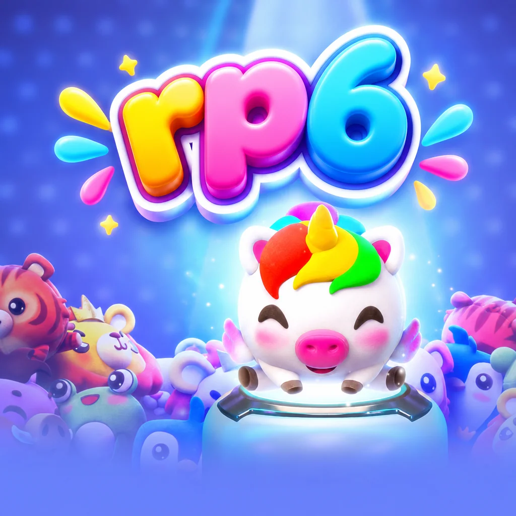 Boneka unicorn warna-warni dan aneka boneka lucu dari game Plushie Frenzy dengan logo rp6